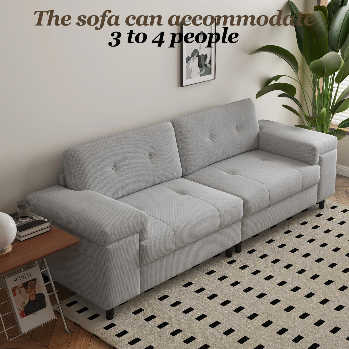 85 Inch Modern 3 Seater Sofa for Living Room, Deep Seat Chenille Couch with Adjustable Wide Armrest & Plush Backrest, Button Tufted Comfy Bedroom Sofa, Easy Assembly, Grey IDEALHOUSE