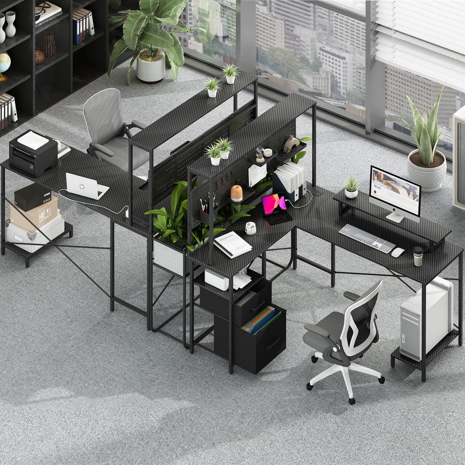 Yoobure L Shaped Desk with Pegboard, Reversible Computer Desk with Drawers & Storage Shelves, Gaming Desk with LED Lights & Power Outlets, Office Desk with Monitor Stand Corner Desk Home Office Desks Yoobure