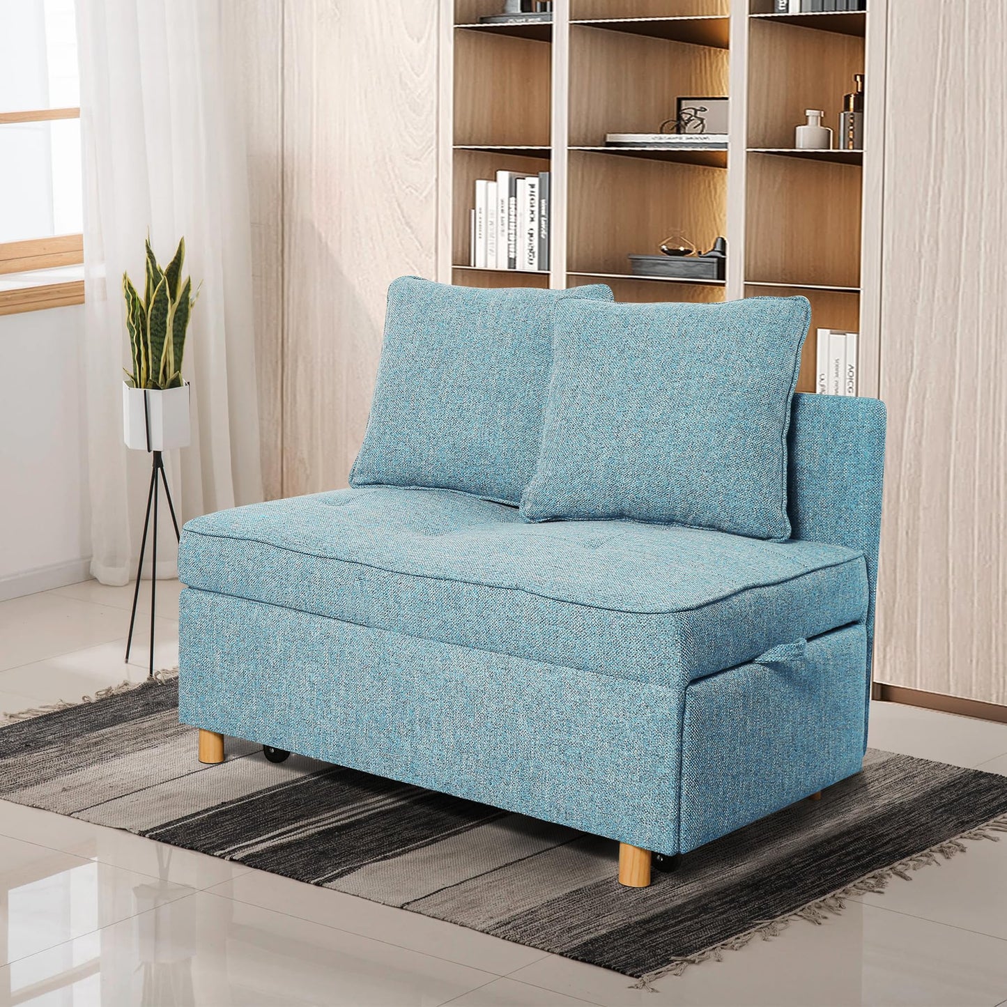 SEJOV Sofa Bed, 4-in-1 Convertible Sleeper Sofa, Pull Out Couch with 3 Seater, Sofa Chair with 5 Adjustable Backrests, 71’’ Linen Couch with 2 Pillow, Loveseat for Living Room, Sky Blue