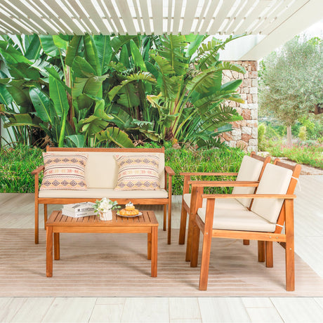 Greesum 4 Piece Bistro Patio Furniture Outdoor Chat Chair Set with Water Resistant Cushions and Coffee Table for Beach Backyard Garden, Acacia Wood Greesum