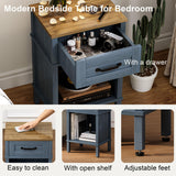 Farmhouse Nightstand with Drawer, Wood Bedside Table with Open Shelf, Modern Bedside Cabinet for Bedroom, Small End Table, Side Tables with Storage Shelf for Bedroom Blue LET512LR YAUKTAK
