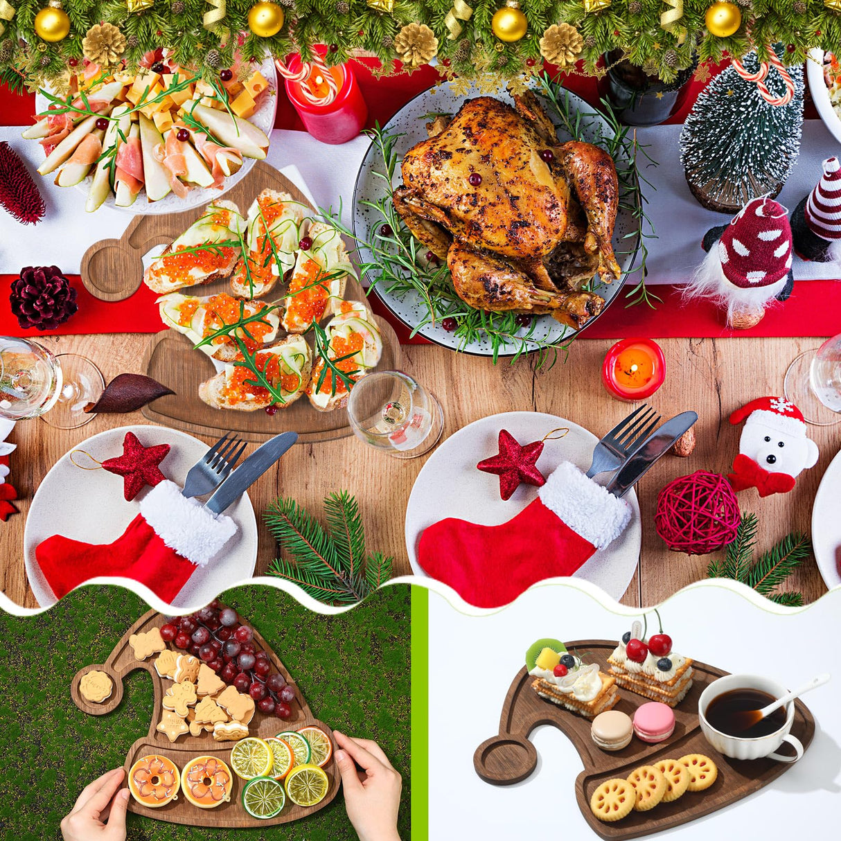 Maxcheck Christmas Wood Serving Tray Santa Hat Shaped Wooden Platter Rustic Farmhouse 11.42 x 10.43 Inches Food Dish Plate Table Serving Platter for Christmas Charcuterie Cheese Food Fruit Maxcheck
