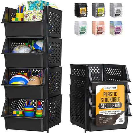 TidyFriend Stackable Storage Bins for Pantry Organizers and Storage 4 Pack, Pantry Storage for Food, Kitchen and Home Organization (Black) Skywin