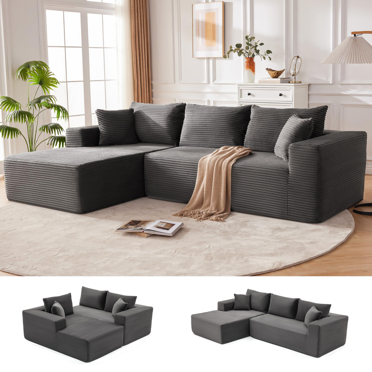 MANGODAN 110” Cloud Sectional Couch, Boneless Sofa for Living Room, Modular Sectional Sofa with Deep Seat, Comfy Fluffy Couch with L-Shaped Chaise, No Assembly Required (Left-Facing Chaise, Dark Grey) Mangodan