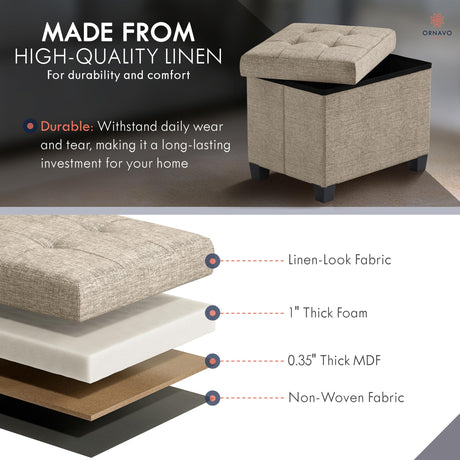 Ornavo Home Storage Ottoman Small Rectangle Ottoman with Legs, Foot Rest Stool Seat, Load up to 600 LB, for Living Room, Bedroom, Home Office, Dorm - 12 x 16 x 12, Tan Ornavo Home