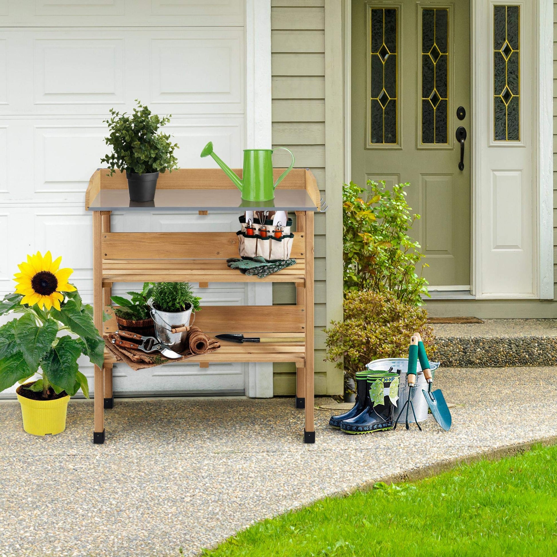 Yaheetech Outdoor Garden Potting Bench Table Wooden Horticulture Planting Worstation w/Metal Tabletop/Storage Shelf/3 Hooks, Natural Wood - WoodArtSupply