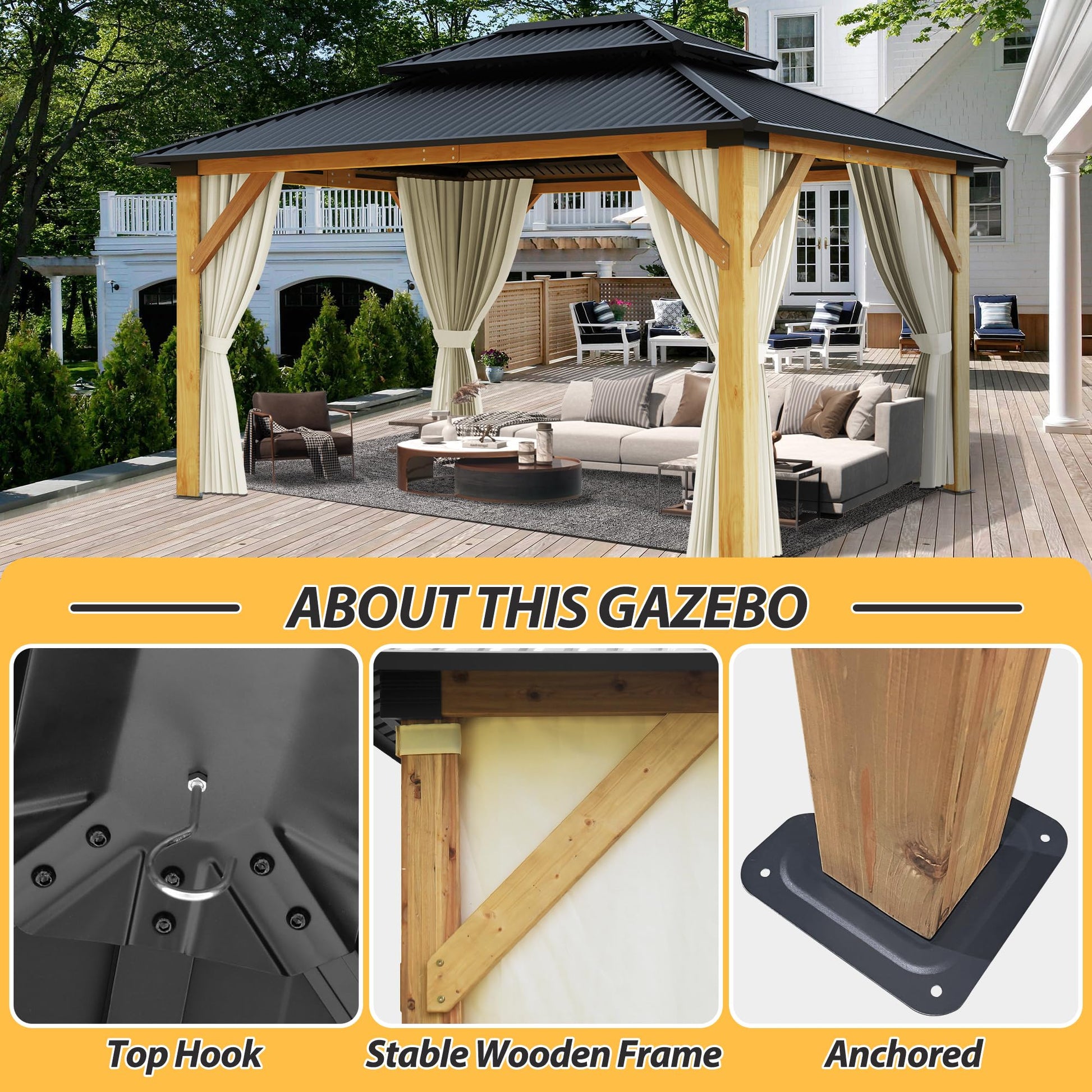 13' x 15' Wood Gazebo, Hardtop Gazebo with Double Roof Galvanized Steel Top, Outdoor Cedar Wooden Gazebo with Curtain & Netting for Garden, Patio, Deck, Backyard (13'×15') - WoodArtSupply