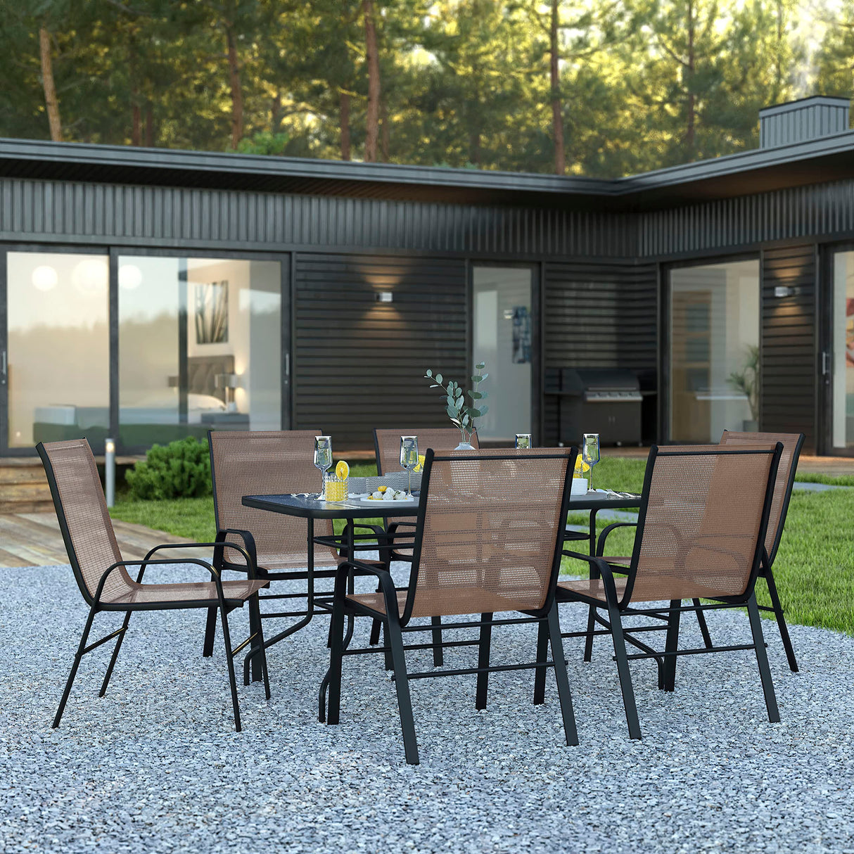 EMMA + OLIVER Seven Piece Indoor/Outdoor Dining Set - Metal Table with Tempered Glass Top - Six Brown Flex Comfort Chairs- Umbrella Hole - All Weather EMMA + OLIVER
