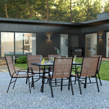 EMMA + OLIVER Seven Piece Indoor/Outdoor Dining Set - Metal Table with Tempered Glass Top - Six Brown Flex Comfort Chairs- Umbrella Hole - All Weather EMMA + OLIVER