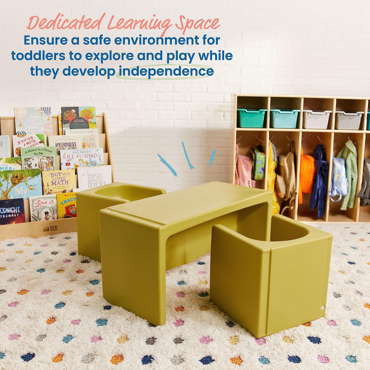 ECR4Kids Tri-Me Table and Cube Chair Set, Multipurpose Furniture, Fern Green, 3-Piece ECR4Kids