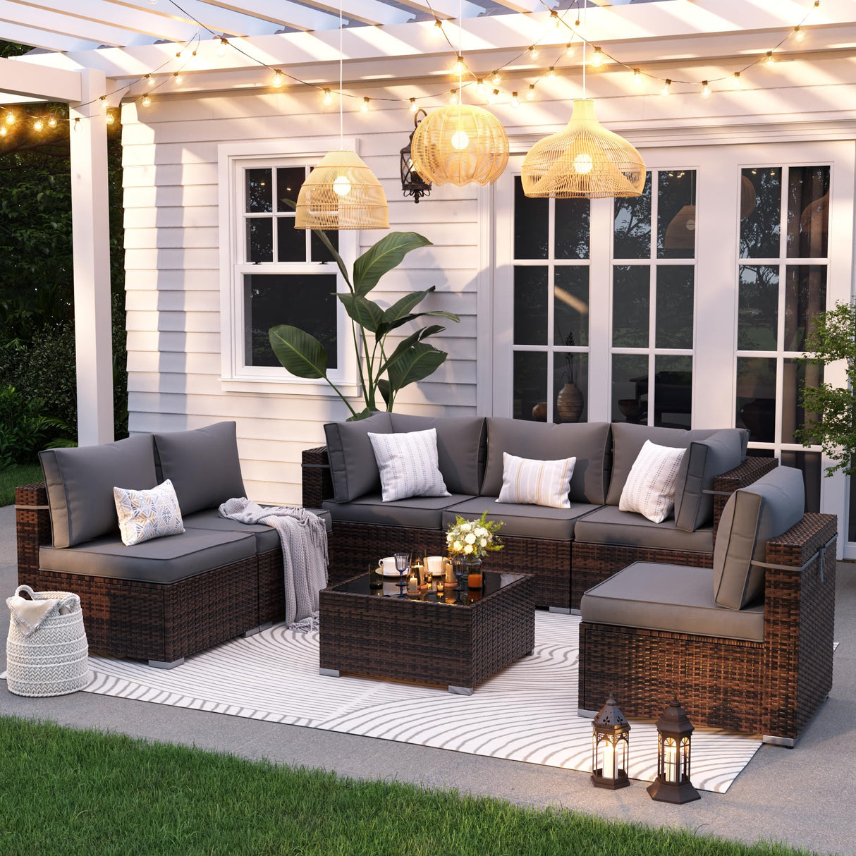 VONZOY Patio Furniture Set, 7-Piece Outdoor Sectional with Waterproof Cover, All-Weather Wicker Patio Conversation Sets for Backyard (Brown with Grey Cushion) VONZOY