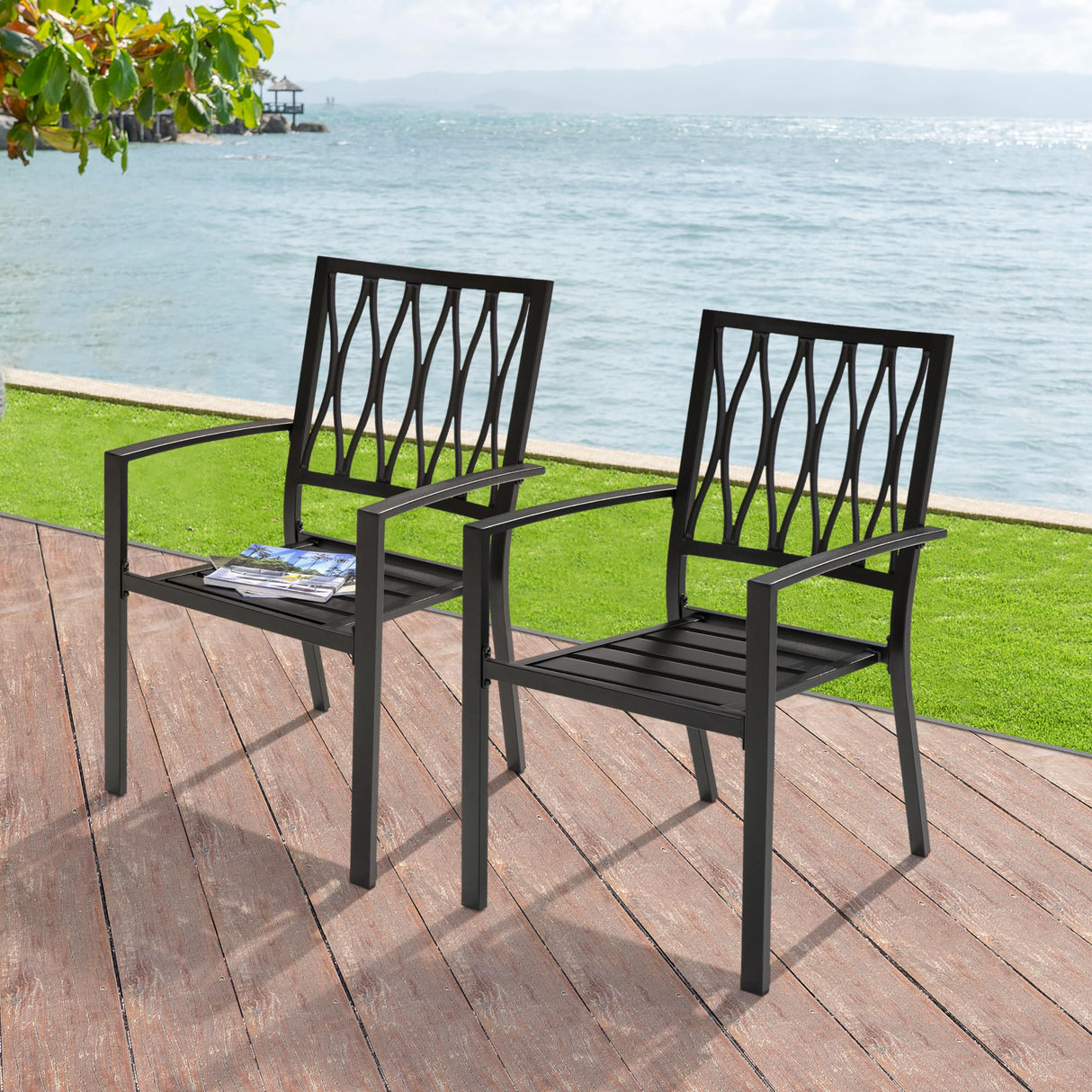 NUU GARDEN 6 Piece Patio Dining Chairs, Stackable Outdoor Dining Chair with Metal Frame, Bistro Patio Chairs for Backyard Lawn Deck Poolside Porch, Black NUU GARDEN