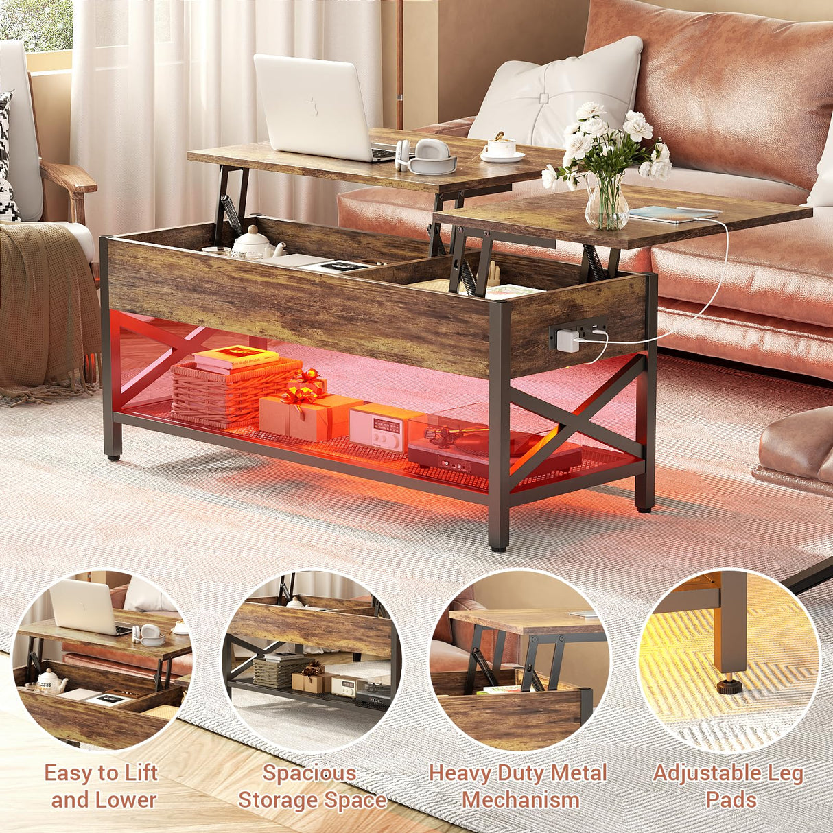 Besiost Coffee Table, Lift Top Coffee Table with Storage, LED Light & Power Outlet and Hidden Compartment, Retro Center Table for Living Room, X Support Wood Tabletop, Metal Frame, Rustic Brown Besiost