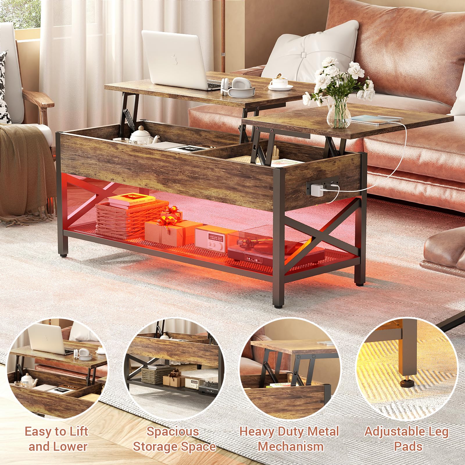 Besiost Coffee Table, Lift Top Coffee Table with Storage, LED Light & Power Outlet and Hidden Compartment, Retro Center Table for Living Room, X Support Wood Tabletop, Metal Frame, Rustic Bro - WoodArtSupply