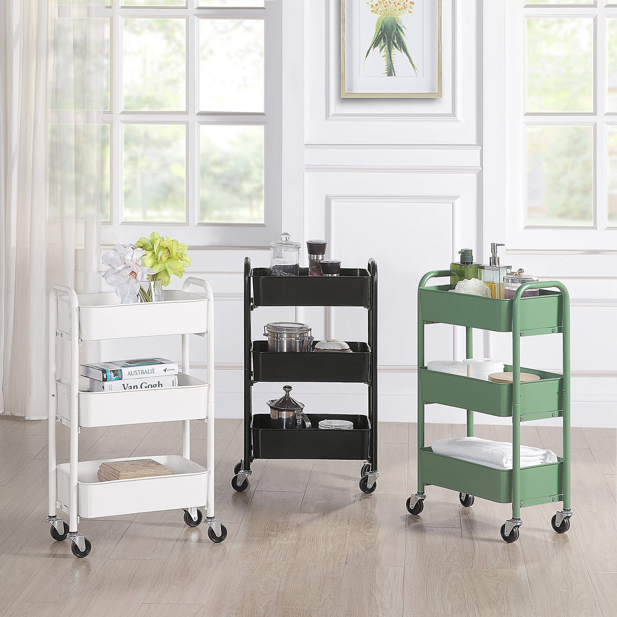 SunnyPoint 3-Tier Delicate Compact Rolling Metal Storage Organizer - Mobile Utility Cart Kitchen/Under Desk Cart with Caster Wheels (BLK, Compact (15.5" X 26.8" X 10.27")) SunnyPoint