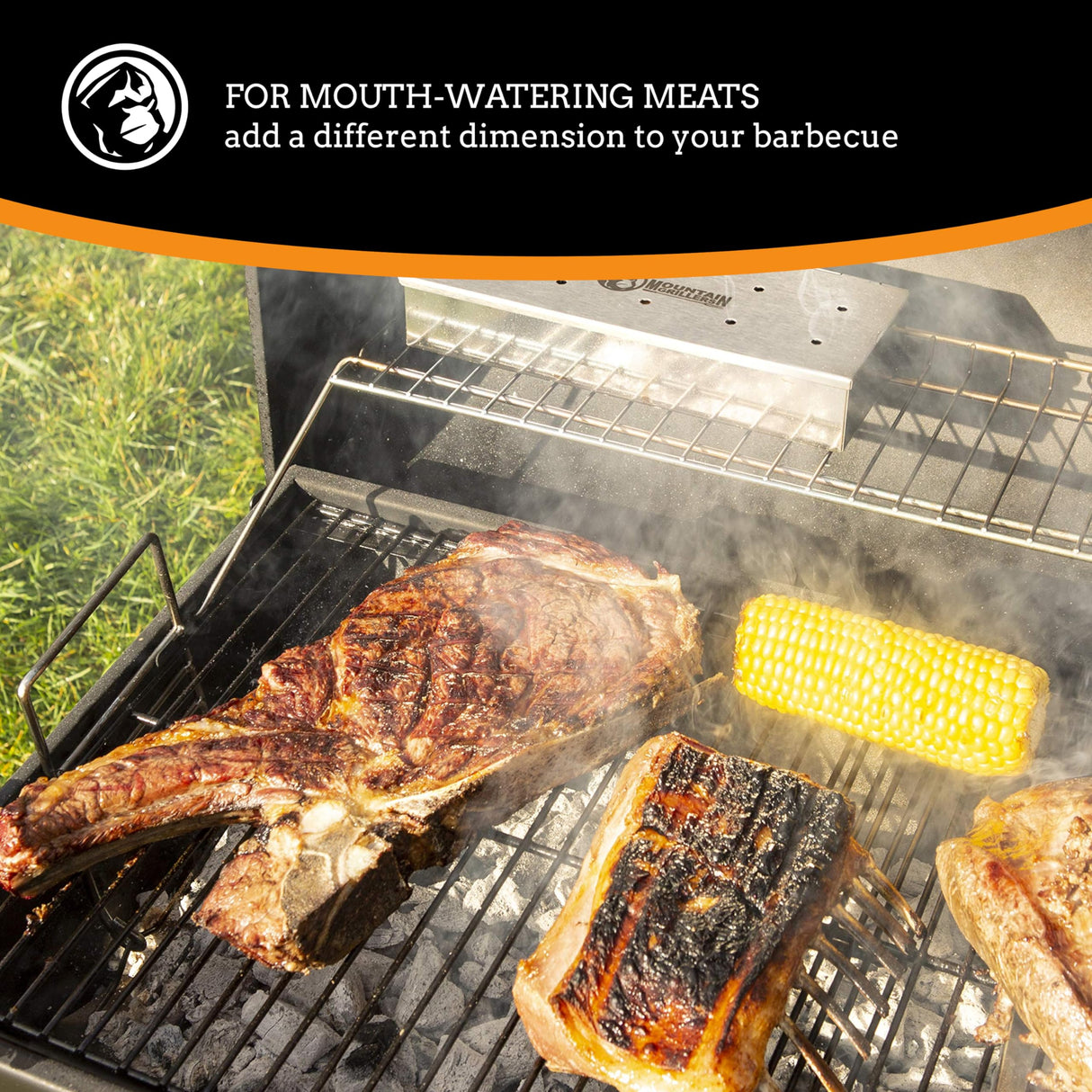 Mountain Grillers Smoker Box for Wood Chips Use a Gas or Charcoal BBQ Grill and Still Get That Delicious Smoky Barbecue Flavored Grilled Meat Hinged Lid for Easy Access polished finish stainless steel MOUNTAIN GRILLERS