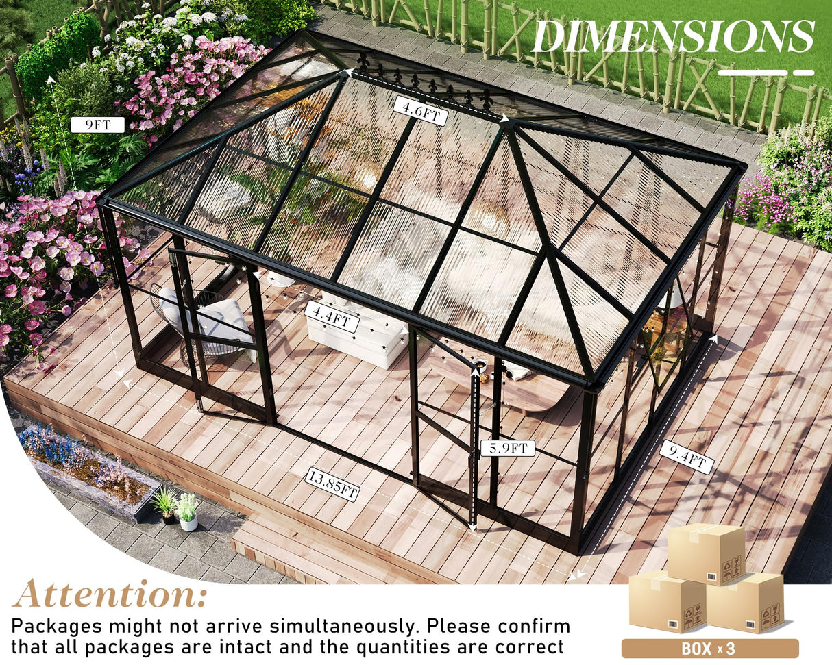 HOWE 14x9.5x9 FT Pavilion Styled Greenhouse with Clear Panels Double Swing Doors, 6 FT Wall Height Hybrid Polycarbonate Greenhouse, Green Houses for Outdoors, Sunroom Black HOWE