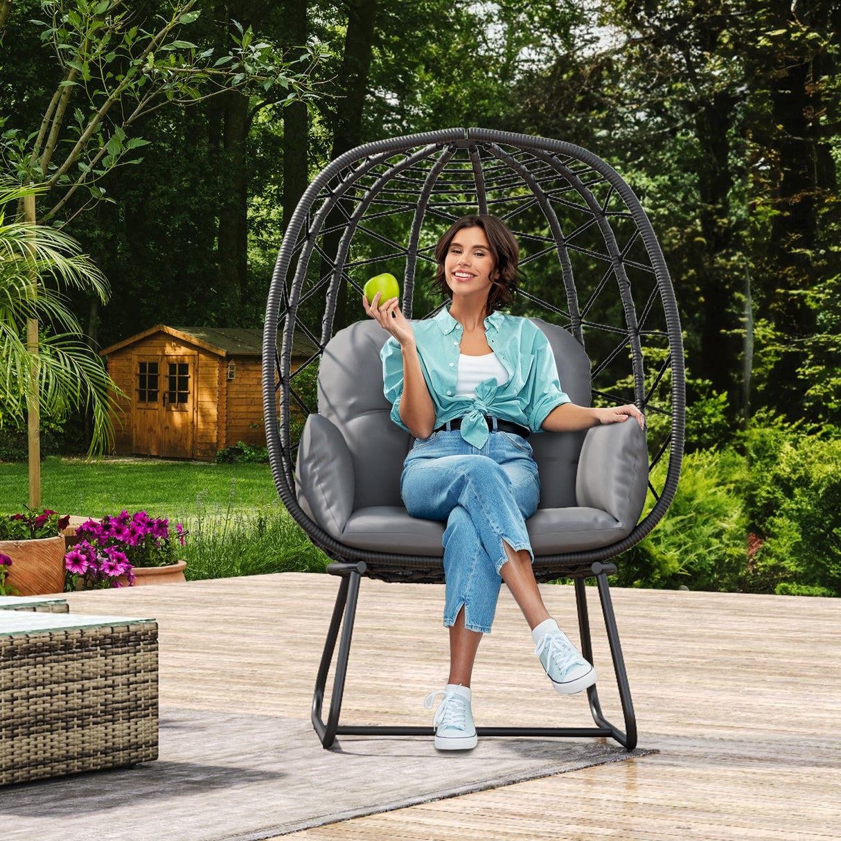 YITAHOME Egg Chair with Stand Outdoor Indoor Egg Lounge Chair with Cushion Wicker Chair PE Rattan Chair Included for Patio, Garden, Backyard, Porch, Gray YITAHOME
