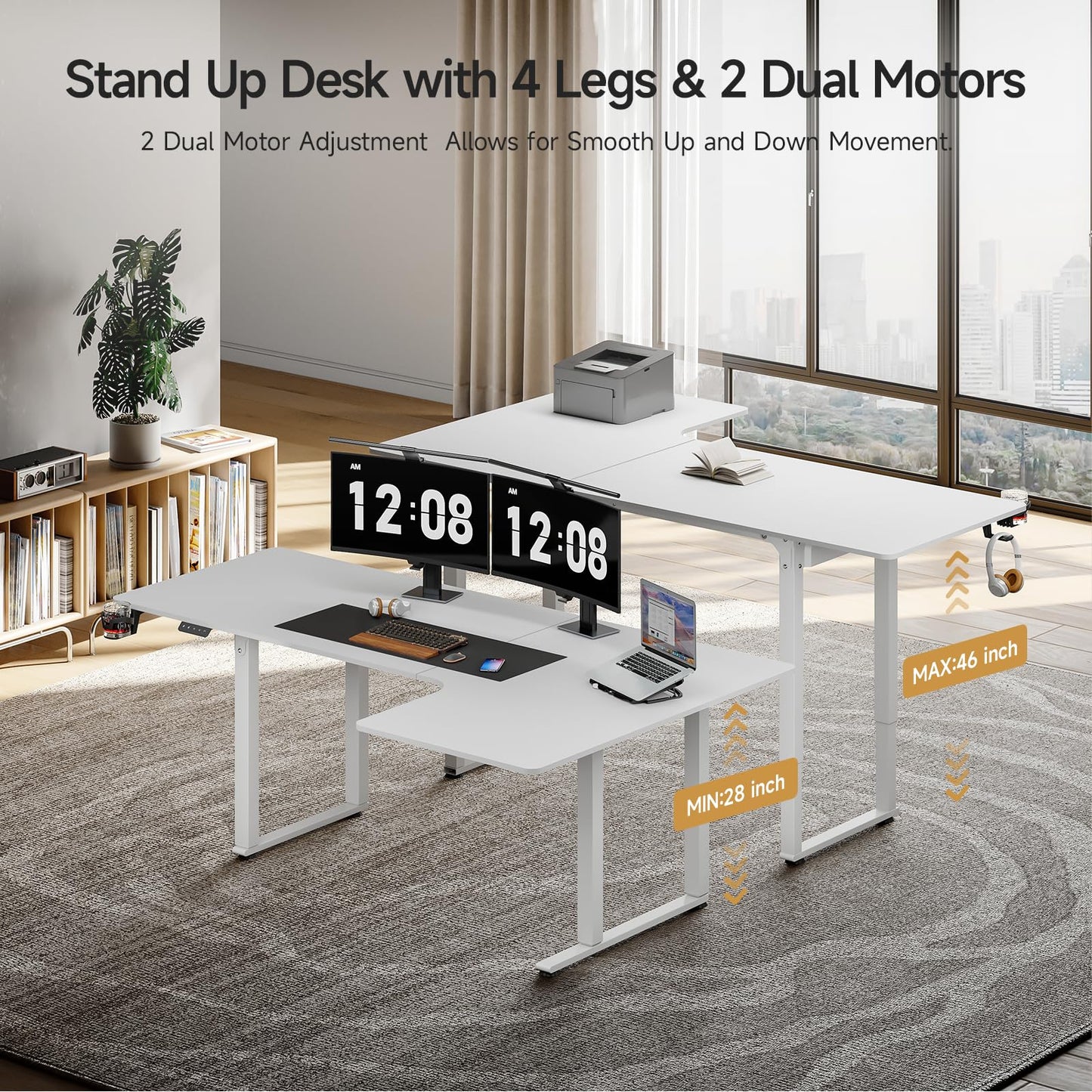 ONBRILL Standing Desk, 71x43 Inches L Shaped Desk with 4 Legs, Dual Motor and Memory Controller, Electric Stand Up Desk Adjustable Height from 28-46 Inches for Computer Workstation White - WoodArtSupply