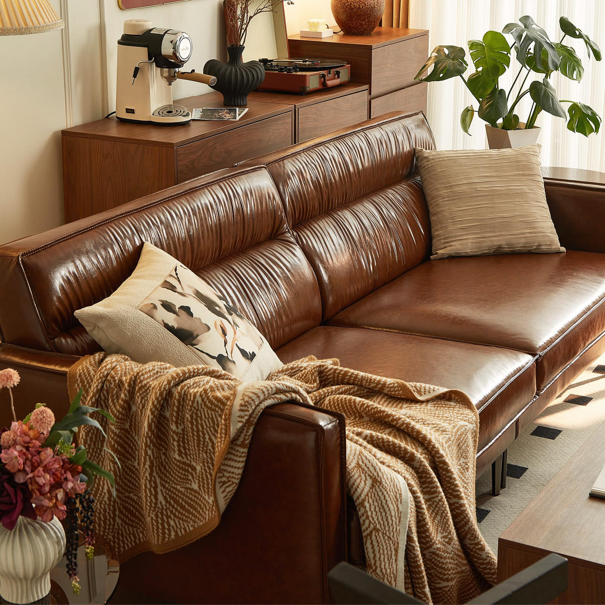 Mid-Century 3-Seater Leather Sofa with Removable Backrest and Cushions, Vintage Modern Lounge Couch for Office, Apartment, Living Room, Bedroom, with Sturdy Metal Legs - 86.61 Inches, Brown NessCarsti