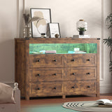 Dresser for Bedroom with 6 Drawers, Wide Chest of Drawers with LED Light and Power Outlet, Wooden Closet Organizer Clothes Storage Cabinet, Modern Double Dressers for Living Room, Hallway, Brown Xixini