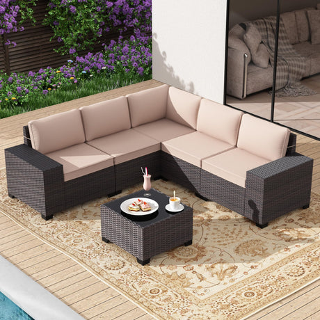 Gotland 6 Pieces Patio Furniture Set with 1 Coffee Table, 5 Seater Rattan Outdoor Sectional with Wide Armrests 29.5'' High Backrest Thick Waterproof Cushions, Conversation Sets for Deck Garden Khaki Gotland