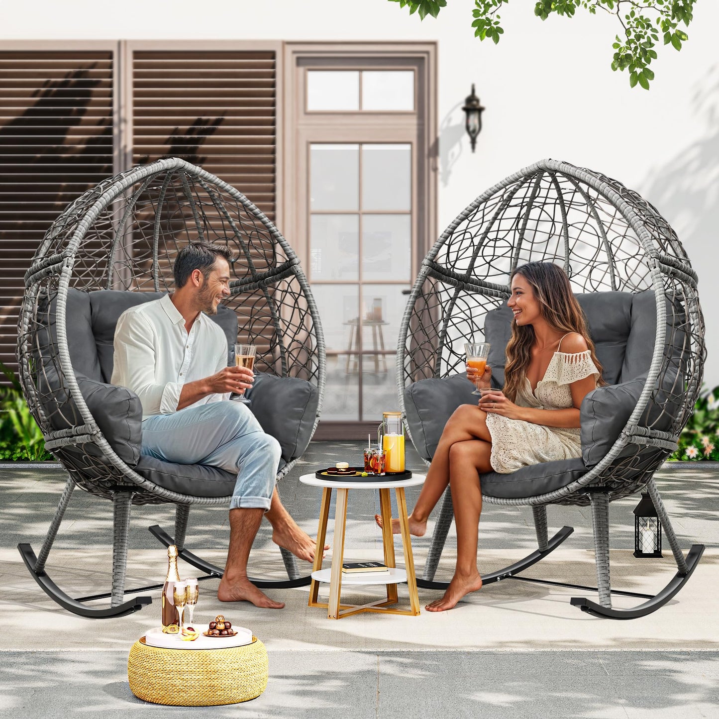 YITAHOME Outdoor Rocking Egg Chair with Cushioned Comfort, Wicker Patio Rocker 250lb Capacity, Anti-Slip, All-Weather Resilient Rattan Design for Indoor & Outdoor Relaxation Spaces, Grey