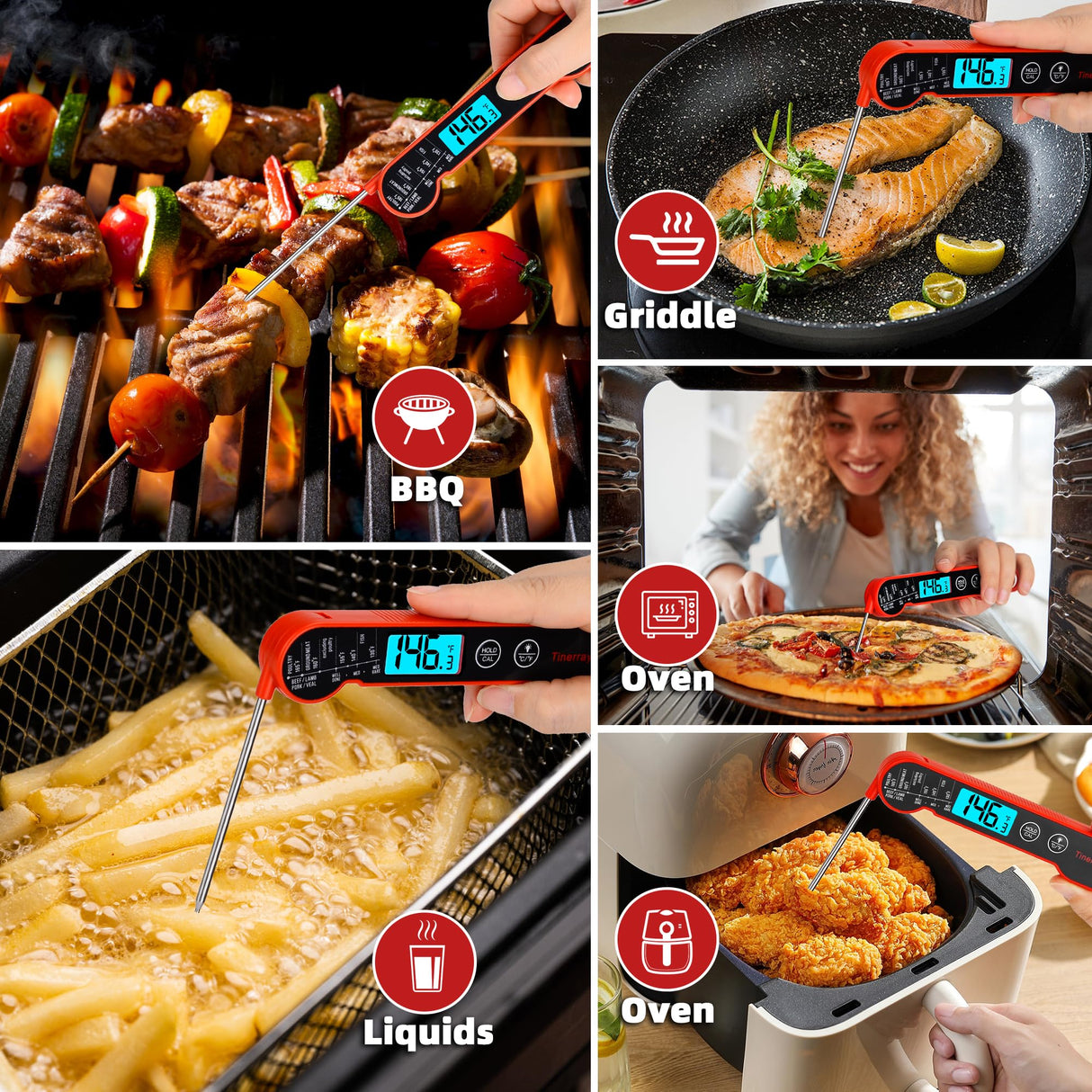 Digital Meat Thermometer for Cooking – Waterproof Instant Read Food Thermometer with Backlight & Calibration, Fast Read, Folding Probe for BBQ, Grill, Candy, Deep Fry, Kitchen, Liquids, Beef（Red） Tinerray