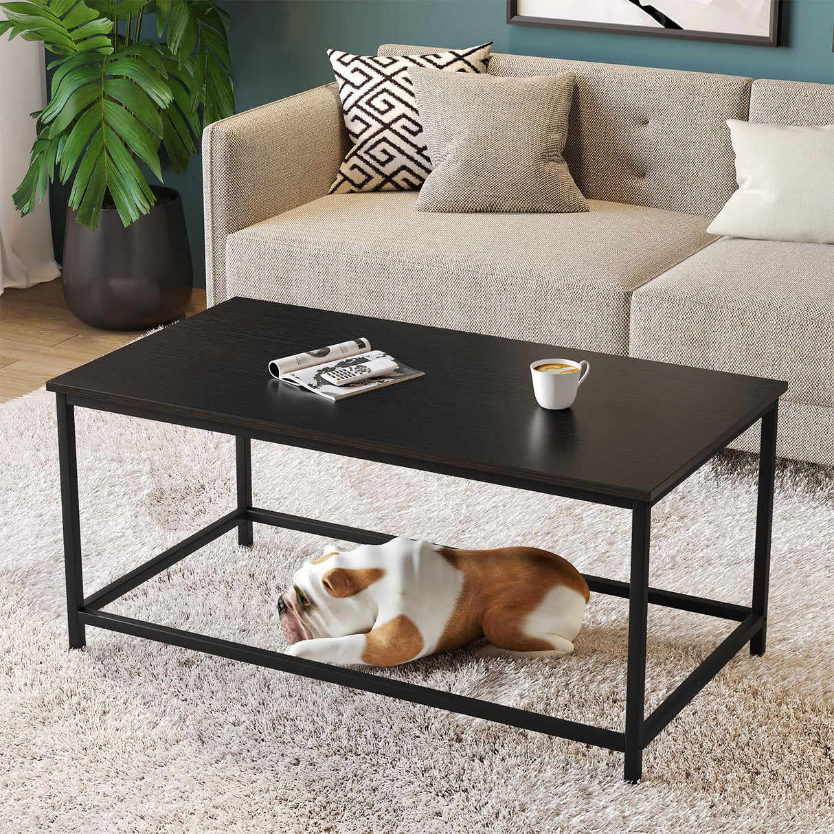 SAYGOER Coffee Table Black Coffee Tables Modern Simple Rectangular Center Table for Living Room Home Office Minimalist Industrial Living Room Table, 39.3D x 19.7W x 17.7H, All Black SAYGOER
