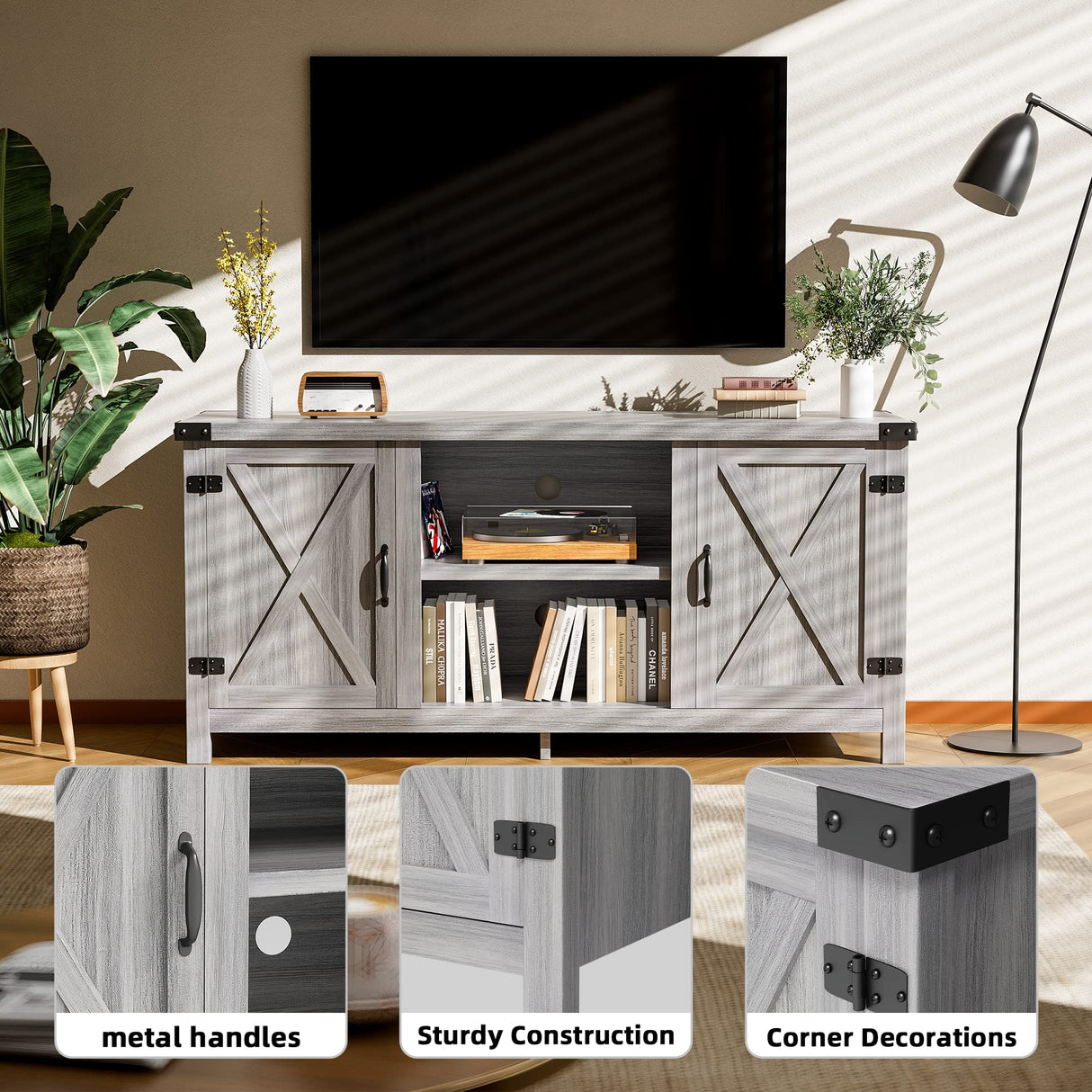 JUMMICO TV Stand for 65 Inch TV Farmhouse Entertainment Center with Double Barn Doors and Storage Cabinets, Console TV Table Media for Living Room, Bedroom (Grey, Without Fireplace) JUMMICO