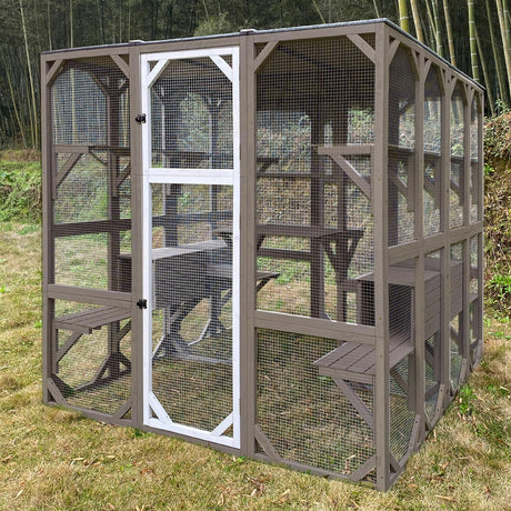 Gowoodhut Outdoor Catio Cat Enclosures - Wooden Cat House Weatherproof with Multi Platforms & Lounge Boxes,Combined- 71 Inch Gowoodhut