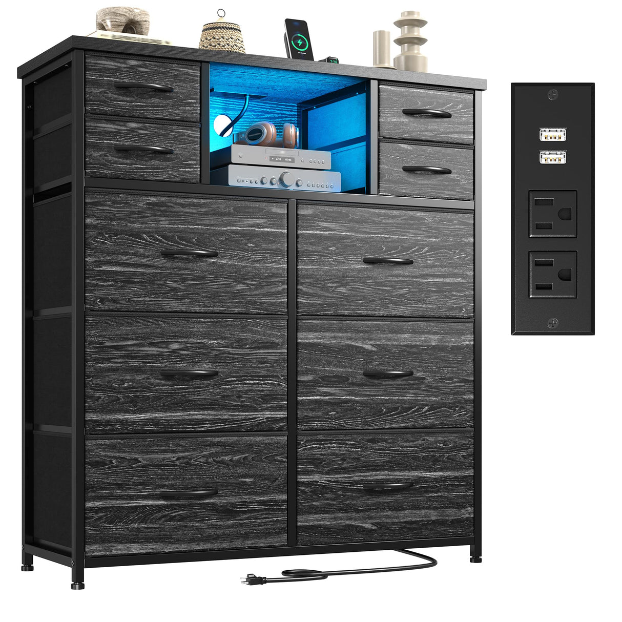 DurayLoly Dresser for Bedroom with Charging Station and LED and 10 Fabric Drawers, Sturdy Bedroom Dresser for Storage, Closet, Hallway (Black) DurayLoly