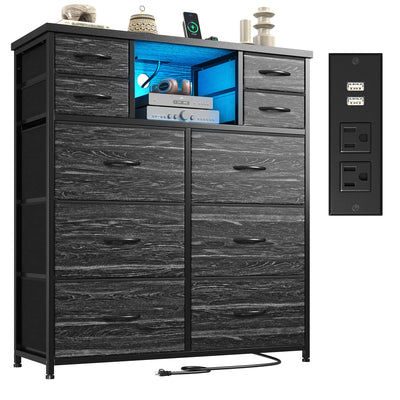 DurayLoly Dresser for Bedroom with Charging Station and LED and 10 Fabric Drawers, Sturdy Bedroom Dresser for Storage, Closet, Hallway (Black)