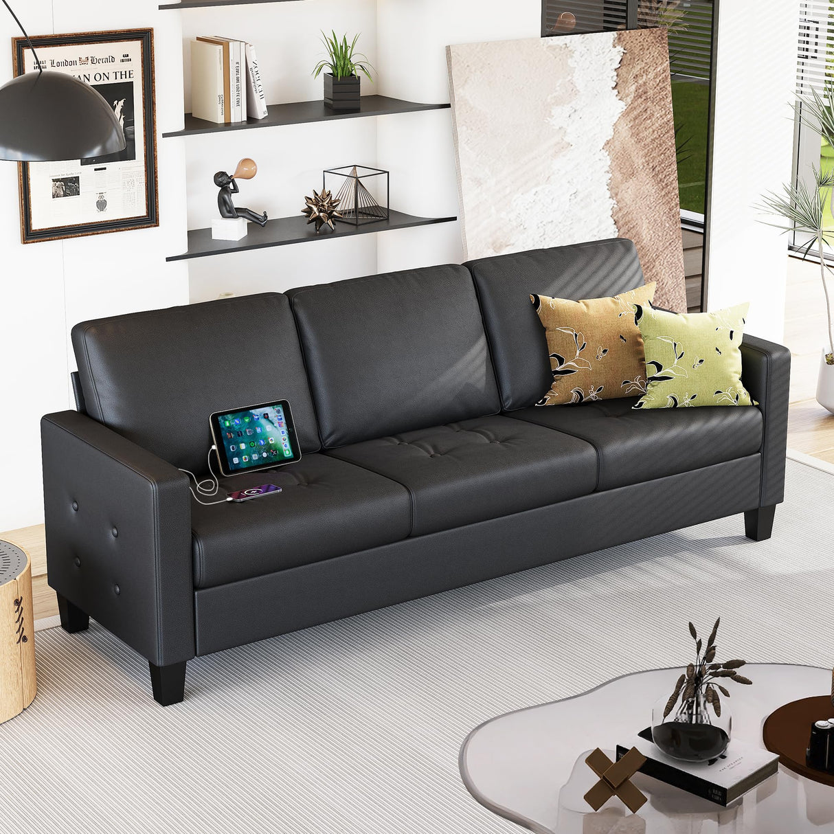 STHOUYN 73” Black Faux Leather Sofa Couch, Modern Comfy Office 3 Seater Couch Loveseat with USB and Tufted Armrest, Small Love Seat Couches for Living Room, Bedroom, Apartment STHOUYN