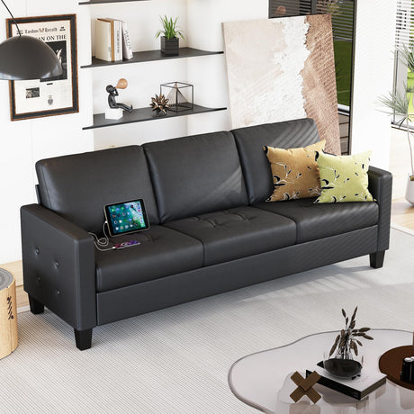 STHOUYN 73” Black Faux Leather Sofa Couch, Modern Comfy Office 3 Seater Couch Loveseat with USB and Tufted Armrest, Small Love Seat Couches for Living Room, Bedroom, Apartment STHOUYN