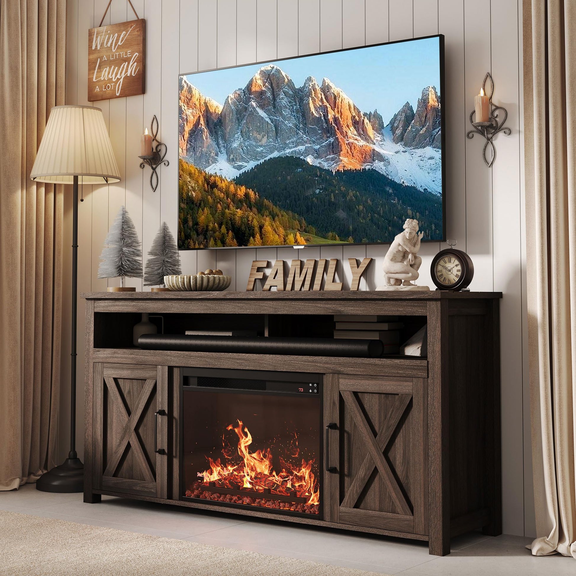 BELLEZE Barn Door Wood Electric Fireplace TV Stand for TVs up to 65 Inches Open Shelves and Cabinets Media Entertainment Center Console Table - Corin (Dark Walnut) - WoodArtSupply