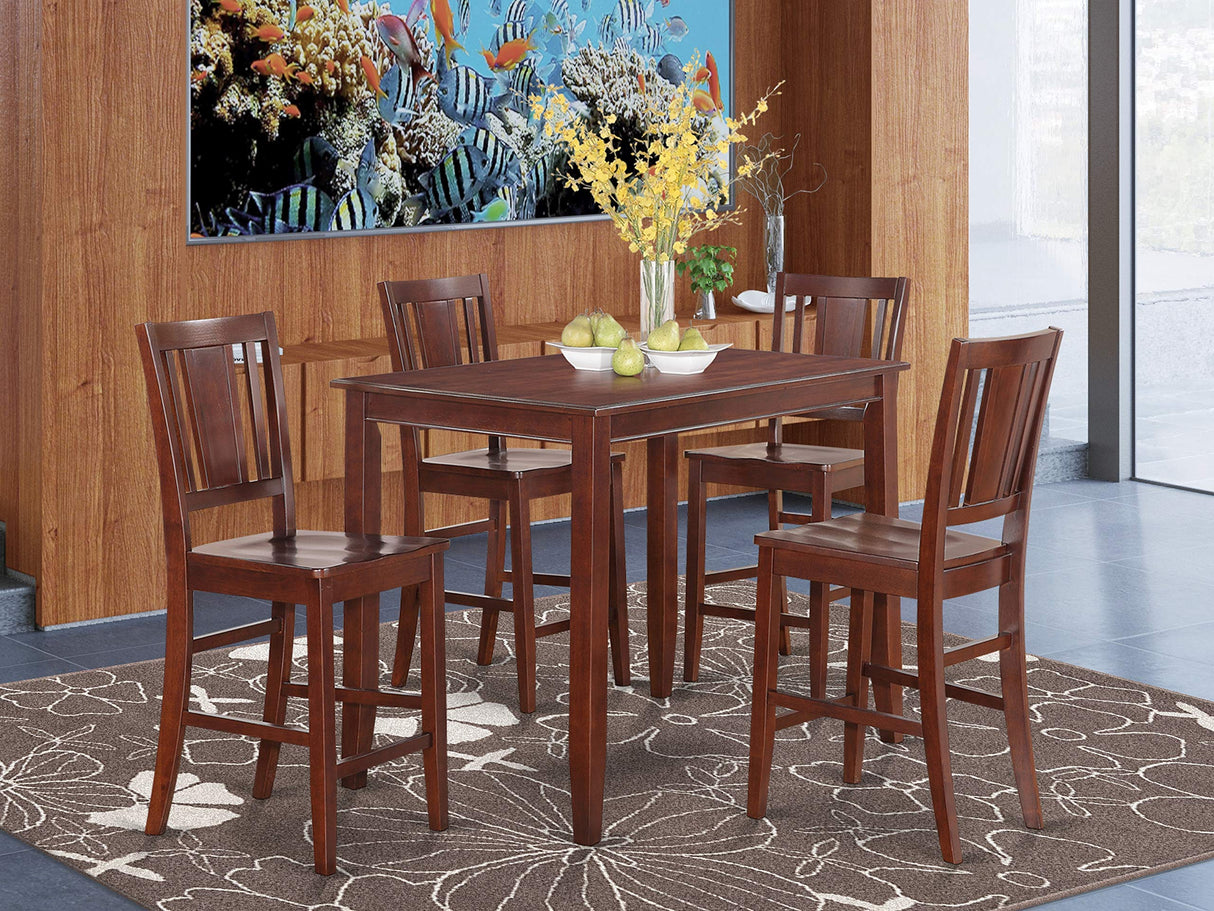 East West Furniture BUCK5-MAH-W Buckland 5 Piece Counter Height Set Includes a Rectangle Dining Room Table and 4 Wood Seat Chairs, 30x48 Inch East West Furniture