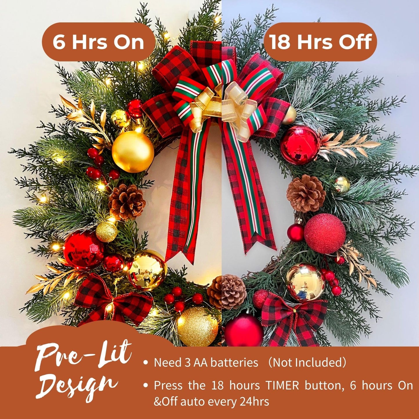 Christmas Wreath with Lights 20 Inch Pre-Lit Christmas Door Wreath for Front Door with Red Plaid Bow and Ball Ornaments, Battery Operated Timer 40 LED Lights, Holiday Decoration for Fireplace Xmas