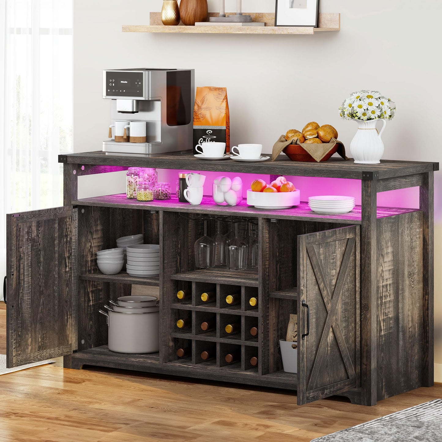 YITAHOME Farmhouse Coffee Bar Cabinet with LED Lights, 55" Sideboard Buffet Table w/Door & Wine and Glasses Rack, Home Liquor Bar w/Storage Shelves for Dining Room, Living Room, Dark Rustic Oak