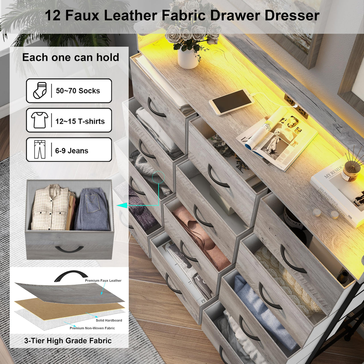 Welfuturer Dresser for Bedroom with 12 Drawers LED Dressers & Chests of Drawers Charging Station Fabric Dresser Storage Organizer Unit for Hallway Entryway Closets Sturdy Steel Frame Wood Top Gray Welfuturer