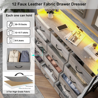 Welfuturer Dresser for Bedroom with 12 Drawers LED Dressers & Chests of Drawers Charging Station Fabric Dresser Storage Organizer Unit for Hallway Entryway Closets Sturdy Steel Frame Wood Top - WoodArtSupply