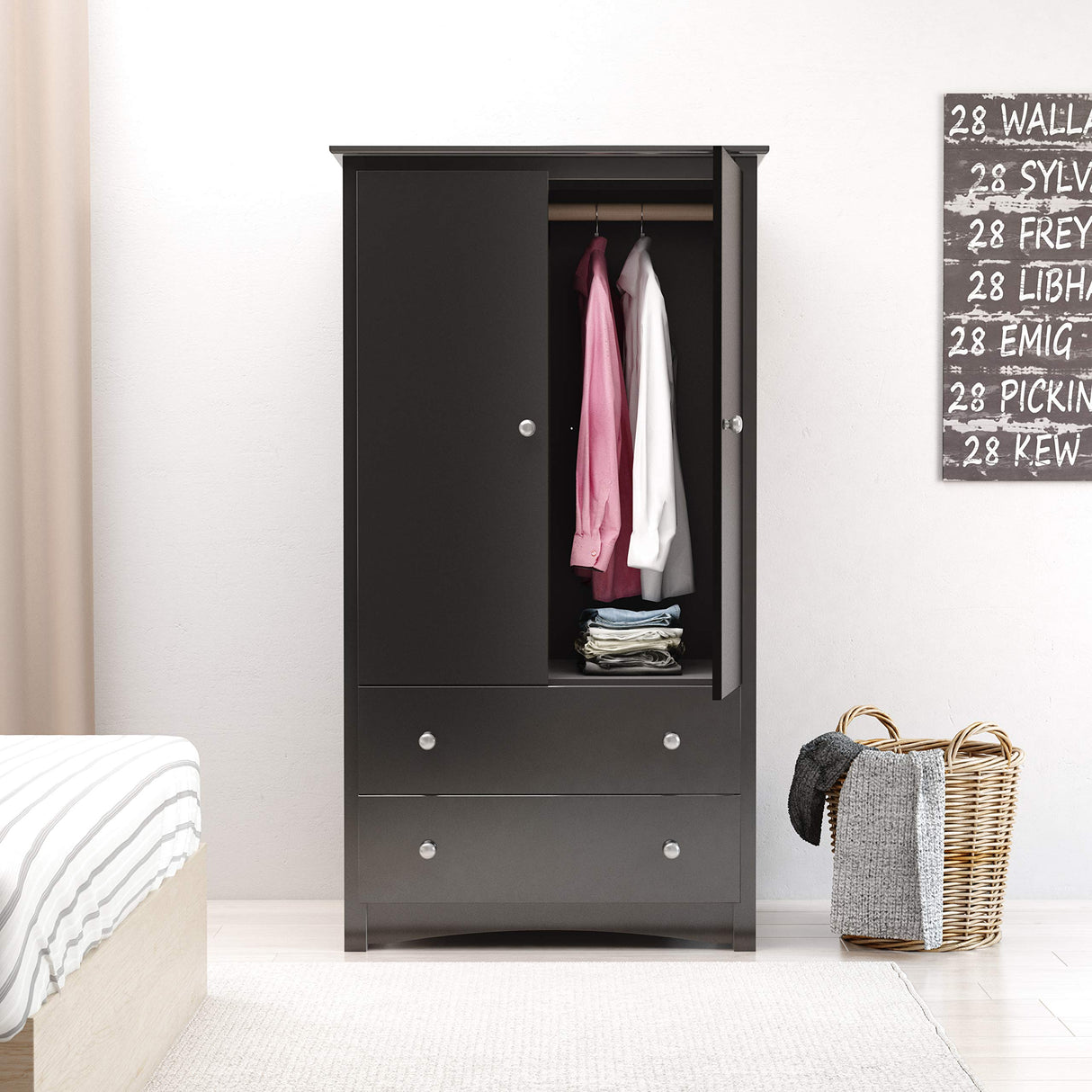 Prepac Sonoma Wardrobe Cabinet: Armoire Dresser for Bedroom with Adjustable Shelf. Features 2-Door Wardrobe Closet & 2 Drawers, Ideal Closet for Bedroom, 22"Dx31.5"Wx58.75"H, Black - BDC-3359-K Prepac