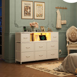 WLIVE White Dresser for Bedroom, TV Stand for Bedroom for 55 inch TV with Charging Station and LED Lights, Fabric Chest of Drawers with Open Shelves, 8 Drawers Dressers for Living Room, Closet WLIVE