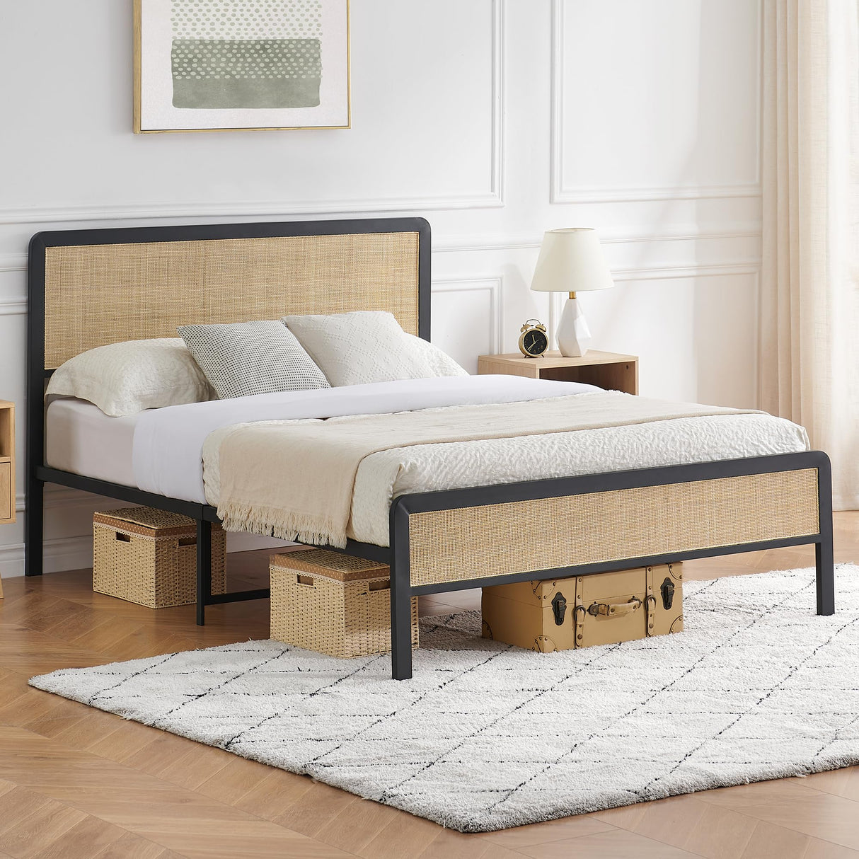 IDEALHOUSE Queen Size Bed Frame with Rattan Headboard and Footboard, Platform Bed Frame with Safe Rounded Corners, Strong Metal Slats Support, Mattress Foundation IDEALHOUSE