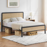 IDEALHOUSE Queen Size Bed Frame with Rattan Headboard and Footboard, Platform Bed Frame with Safe Rounded Corners, Strong Metal Slats Support, Mattress Foundation IDEALHOUSE