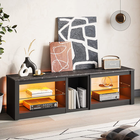 Bestier TV Stand for 70 inch TV, Gaming Entertainment Center for PS5, LED TV Cabinet with Glass Shelves for Living Room, 63'' Inch, Marble Black Bestier