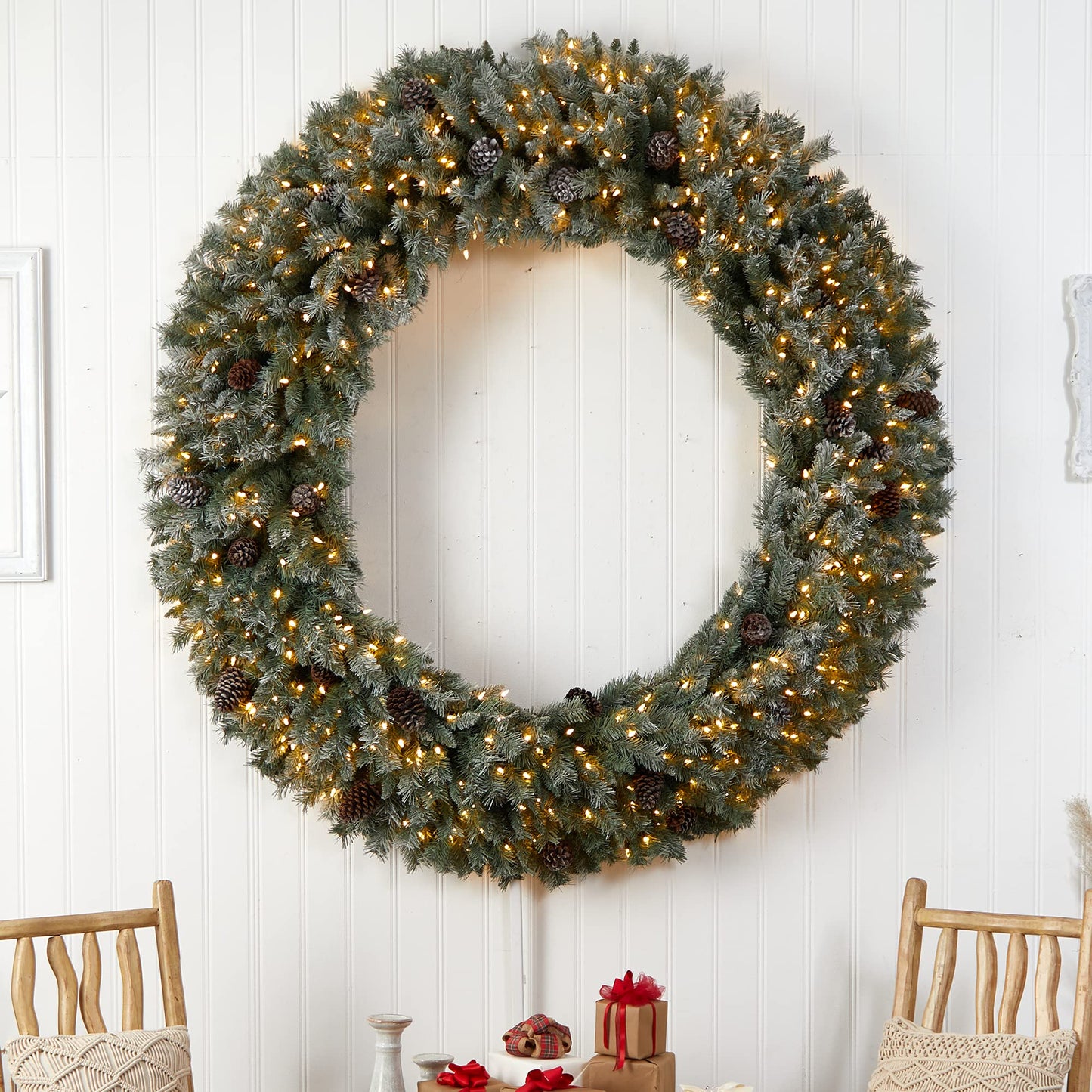 Nearly Natural 6ft. Giant Flocked Christmas Artificial Wreath with Pinecones, 600 Clear LED Lights and 1000 Bendable Branches