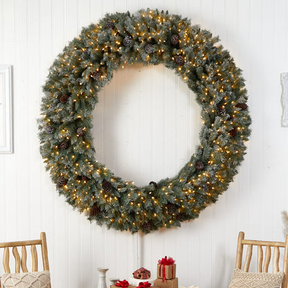 Nearly Natural 6ft. Giant Flocked Christmas Artificial Wreath with Pinecones, 600 Clear LED Lights and 1000 Bendable Branches