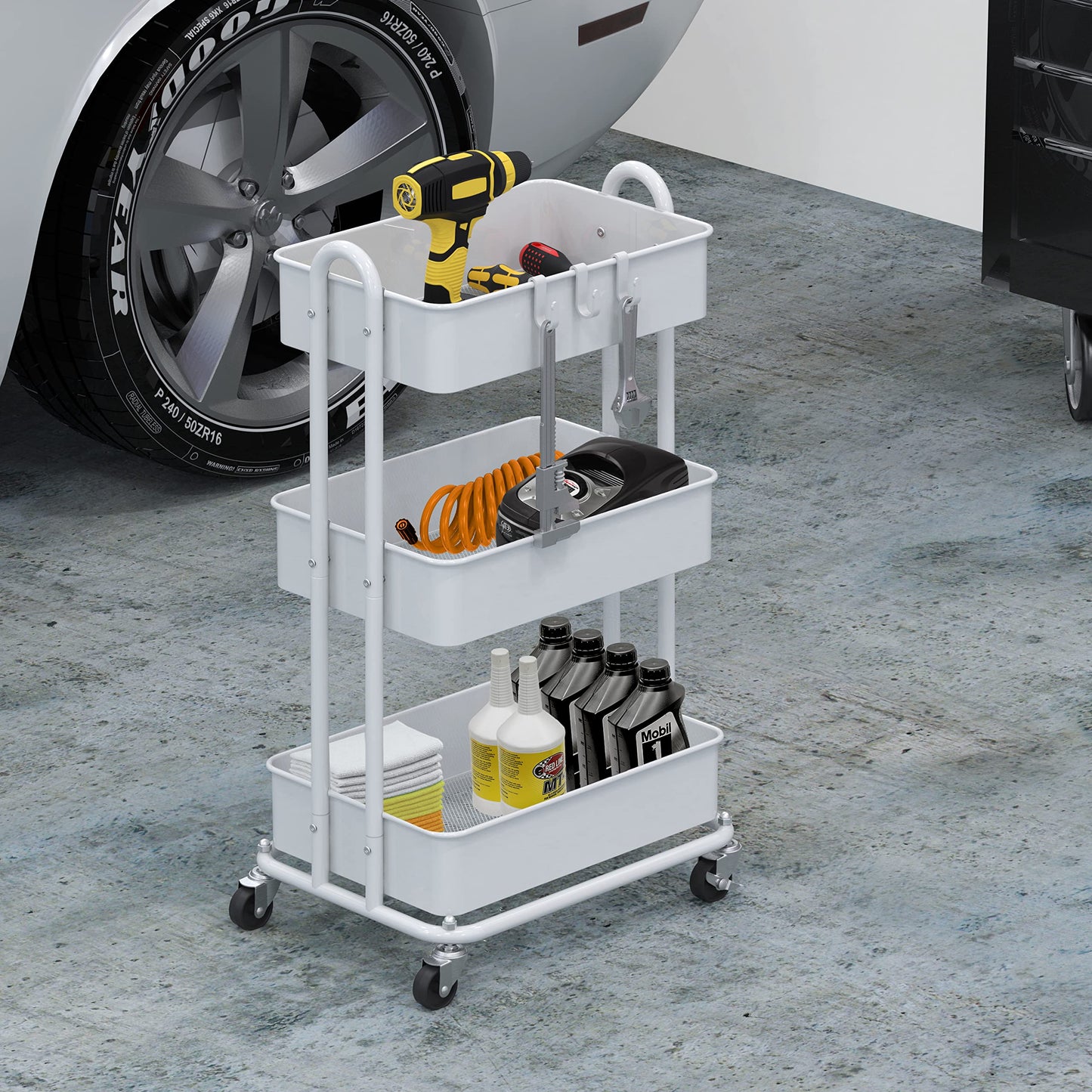 Simple Houseware Heavy Duty 3-Tier Metal Utility Rolling Cart, White - WoodArtSupply