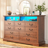 Romorgniz 10 Drawer Brown Dresser for Bedroom, Large Farmhouse Dresser with LED Lights & Charging Station for Bedroom Romorgniz